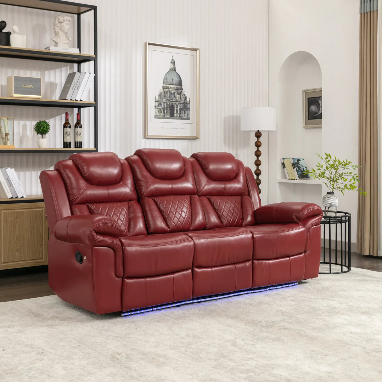 Wine Red Faux Leather Manual Recliner Sofa Set With LED Strip - Omega Lifestyles