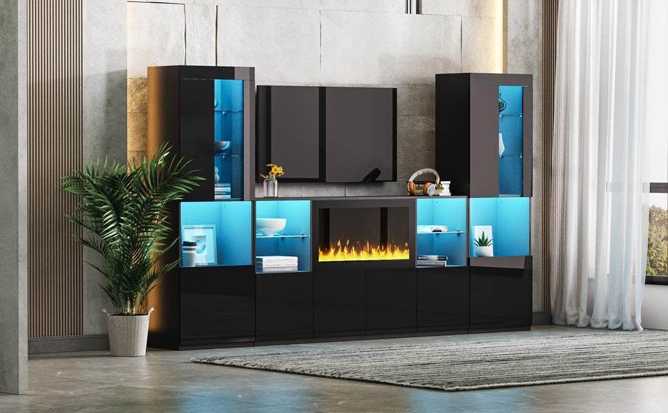 Modern Black LED Fireplace TV Stand with Shelves - Omega Lifestyles