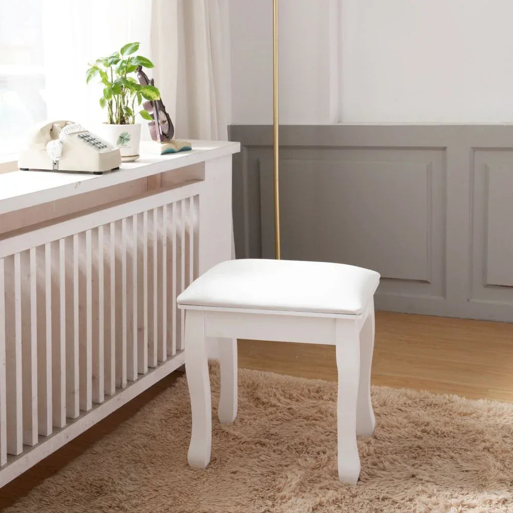 White Solid Wood Vanity Stool With Cushioned Seat - Omega Lifestyles