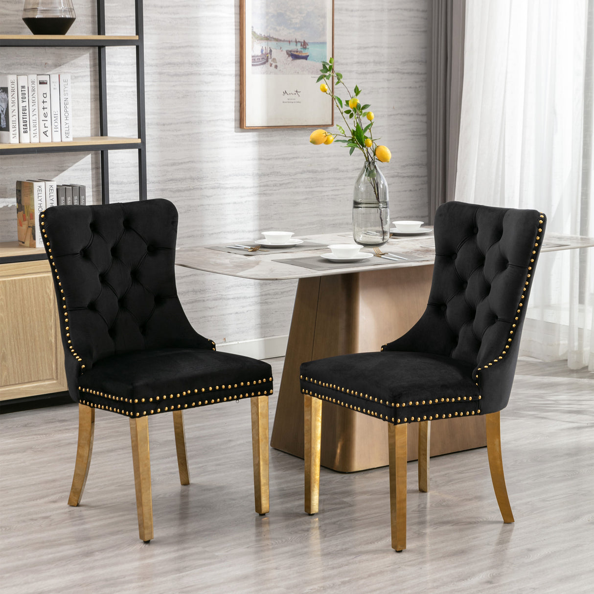 Set Of 2 Tufted Velvet Upholstered Dining Chairs With Nailhead Trim