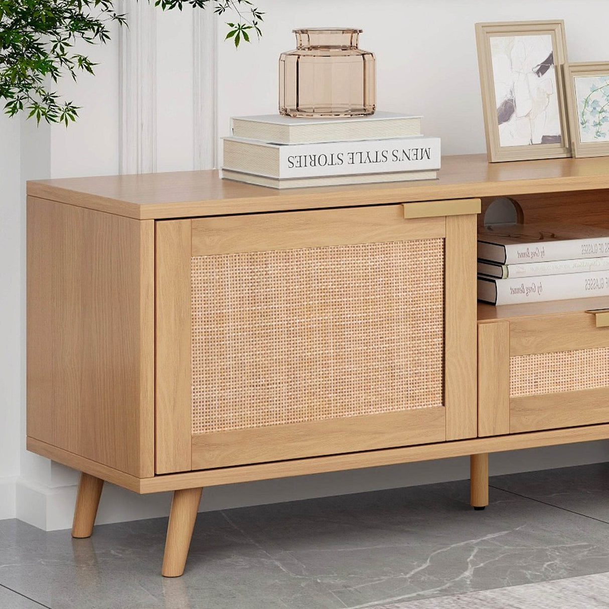 Modern Rattan TV Stand With Storage Cabinets - Sleep Galleria