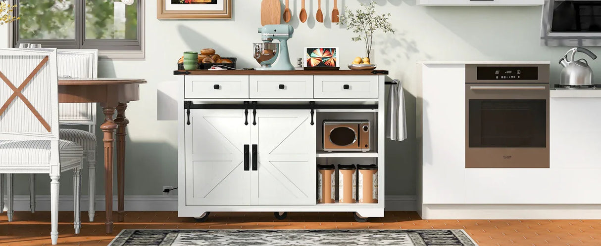 Farmhouse Kitchen Island Rolling Cart With Power Outlet - Omega Lifestyles