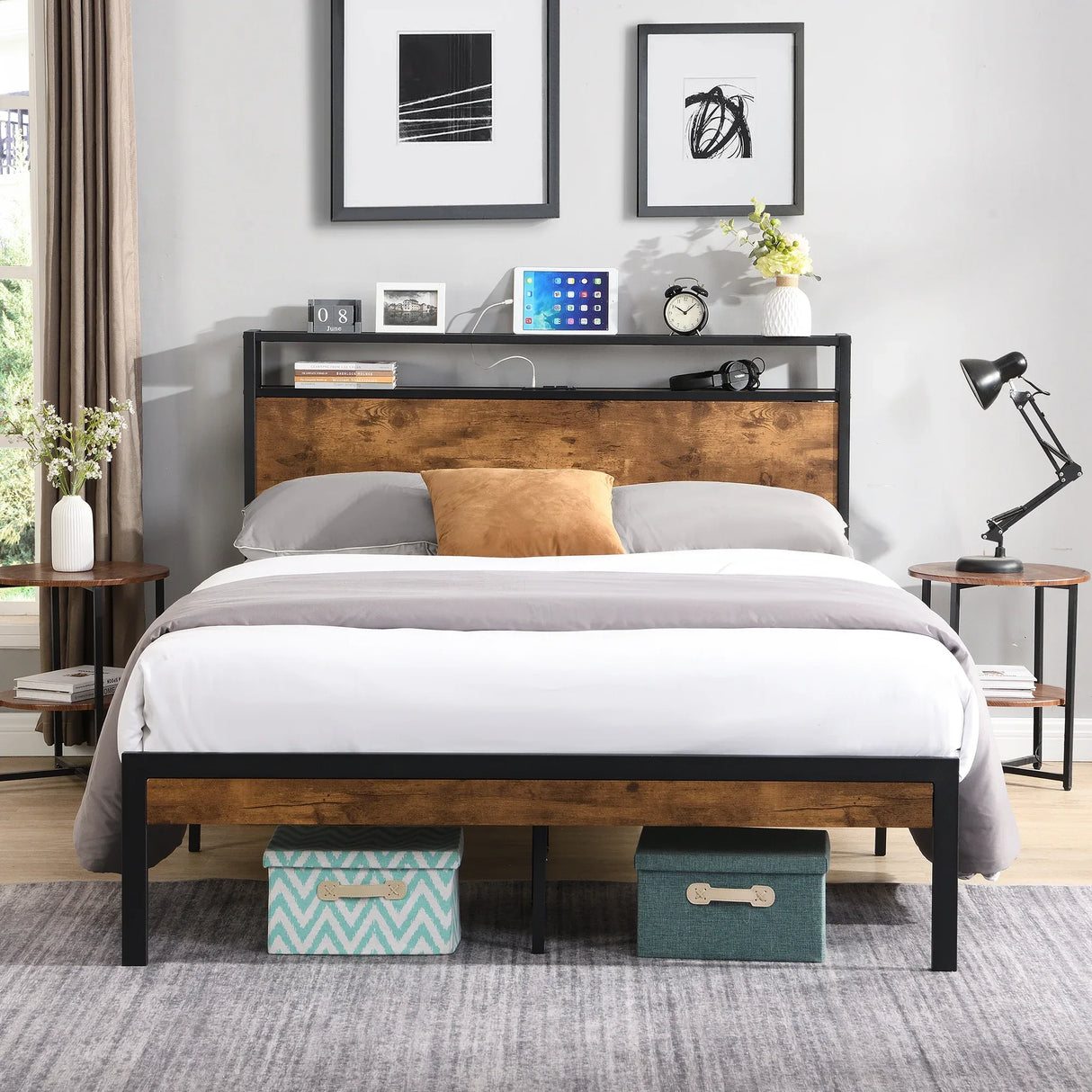 Queen Metal Platform Bed Frame With Wooden Headboard - Omega Lifestyles