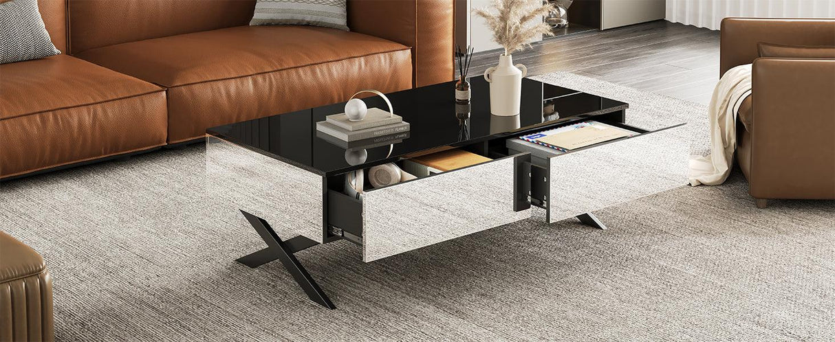 Rectangular Mirrored Coffee Table With Metal Base Storage - Omega Lifestyles
