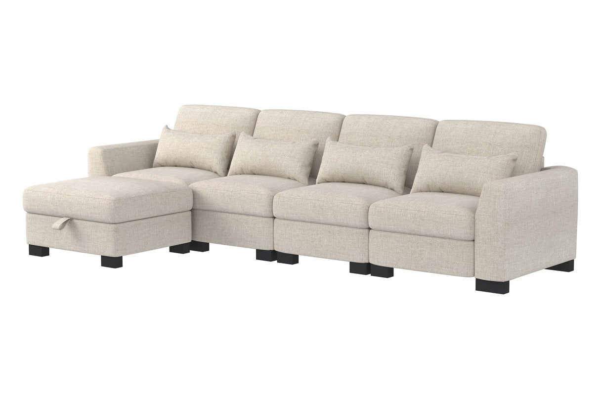 Beige Modular L-Shaped 5-Seat Foam Cushion Sofa With Ottoman - Omega Lifestyles