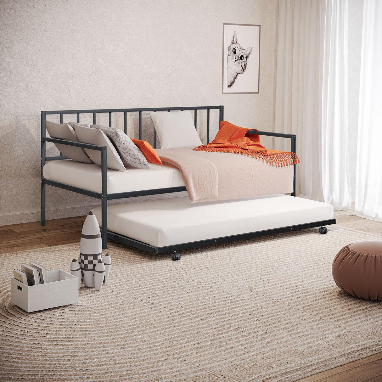 Twin Contemporary Metal Daybed With Trundle Mattress Ready - Omega Lifestyles