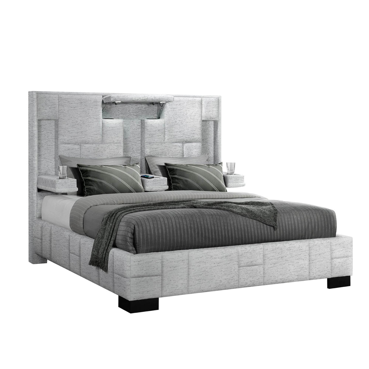Modern Queen Upholstered Panel Bed With Wireless Charging