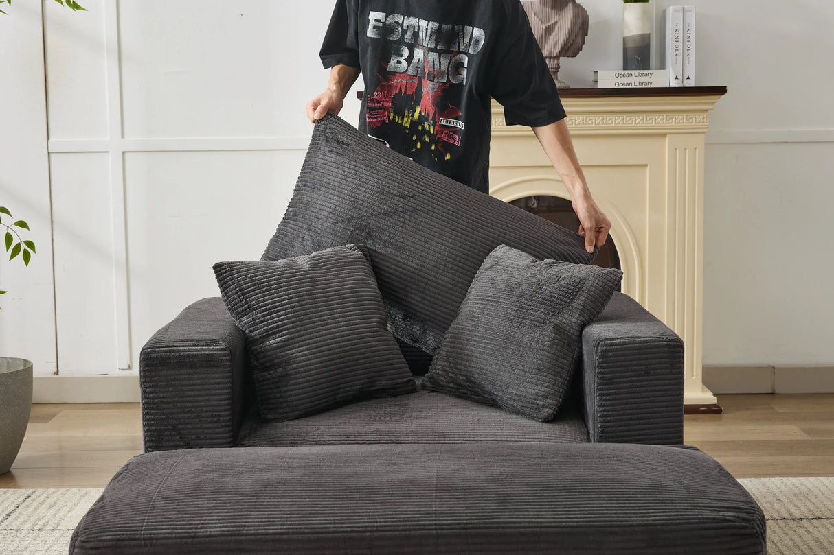 Dark Gray Corduroy Chaise Lounge Chair With Ottoman - Omega Lifestyles