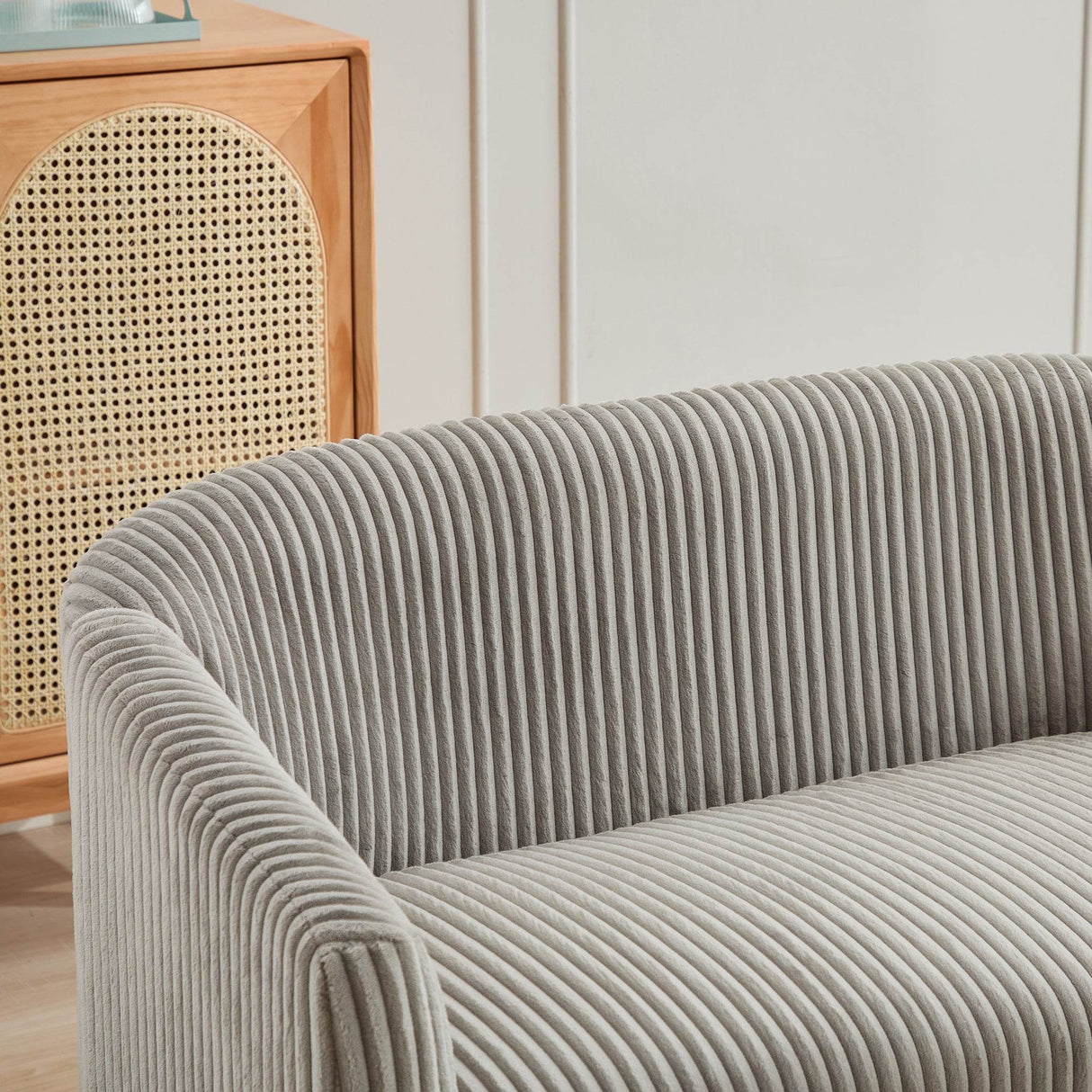 Corduroy Upholstered Modern Gray Loveseat Sofa With Walnut Legs - Omega Lifestyles