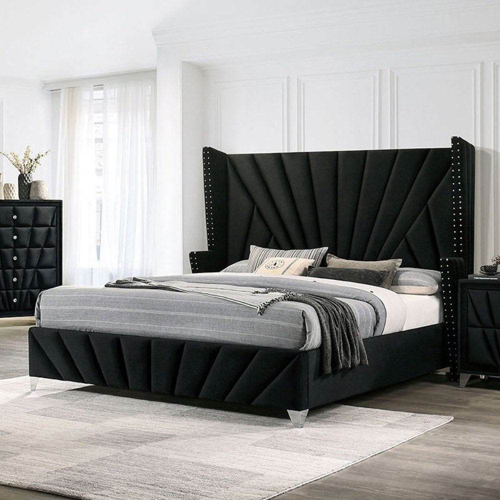 Art Deco Black Fabric Wingback Headboard Bed Frame