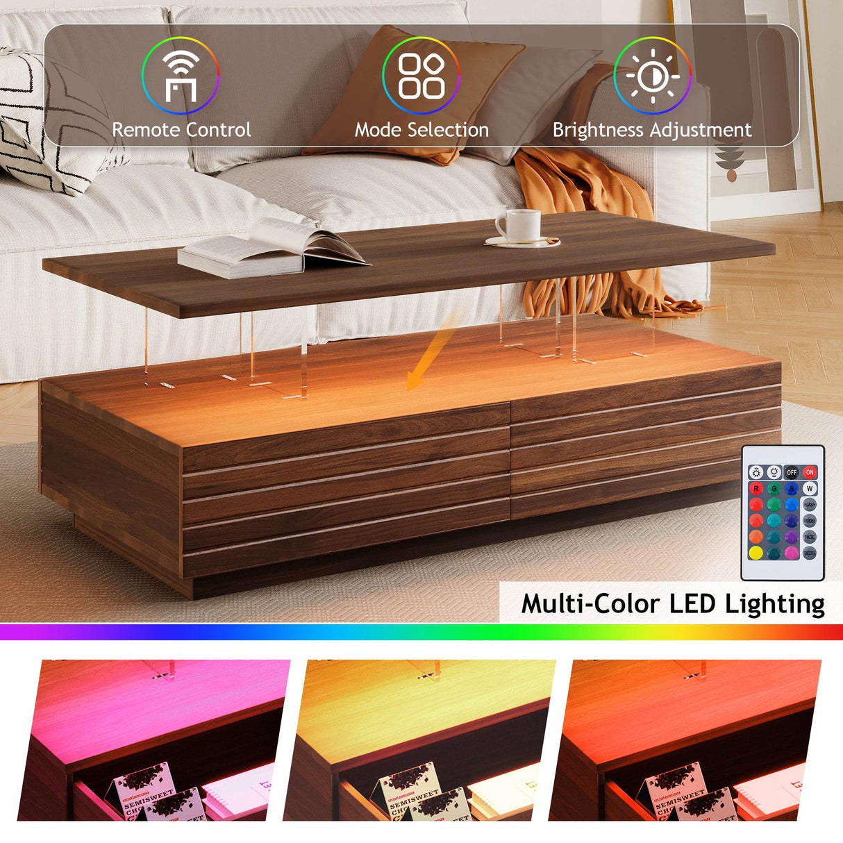Modern Walnut Rectangle Coffee Table With LED Lights - Sleep Galleria