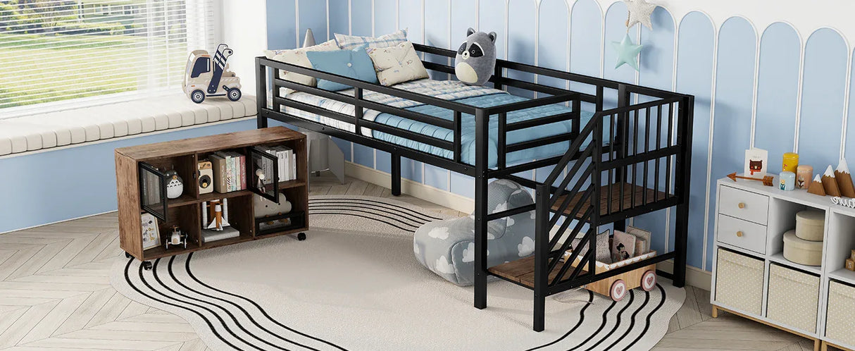 Twin Metal Low Loft Bed With Storage Cubby And Stairs - Omega Lifestyles