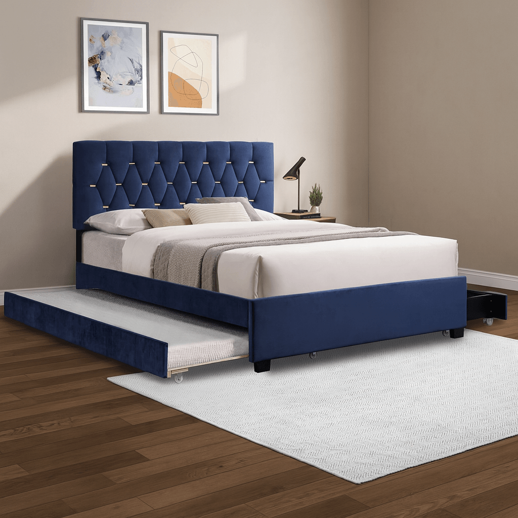 Modern Velvet Queen Bed Frame With Trundle And Storage Drawers