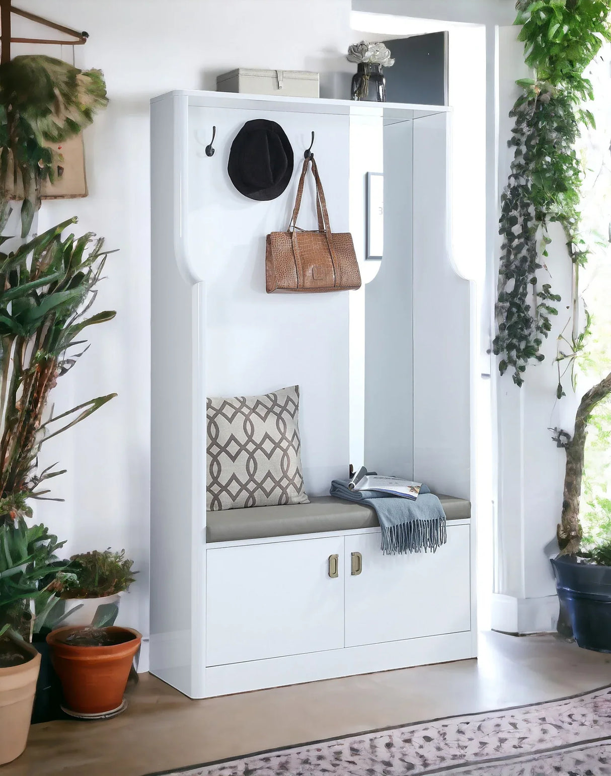 Contemporary White Upholstered Hall Tree With Storage Bench - Omega Lifestyles