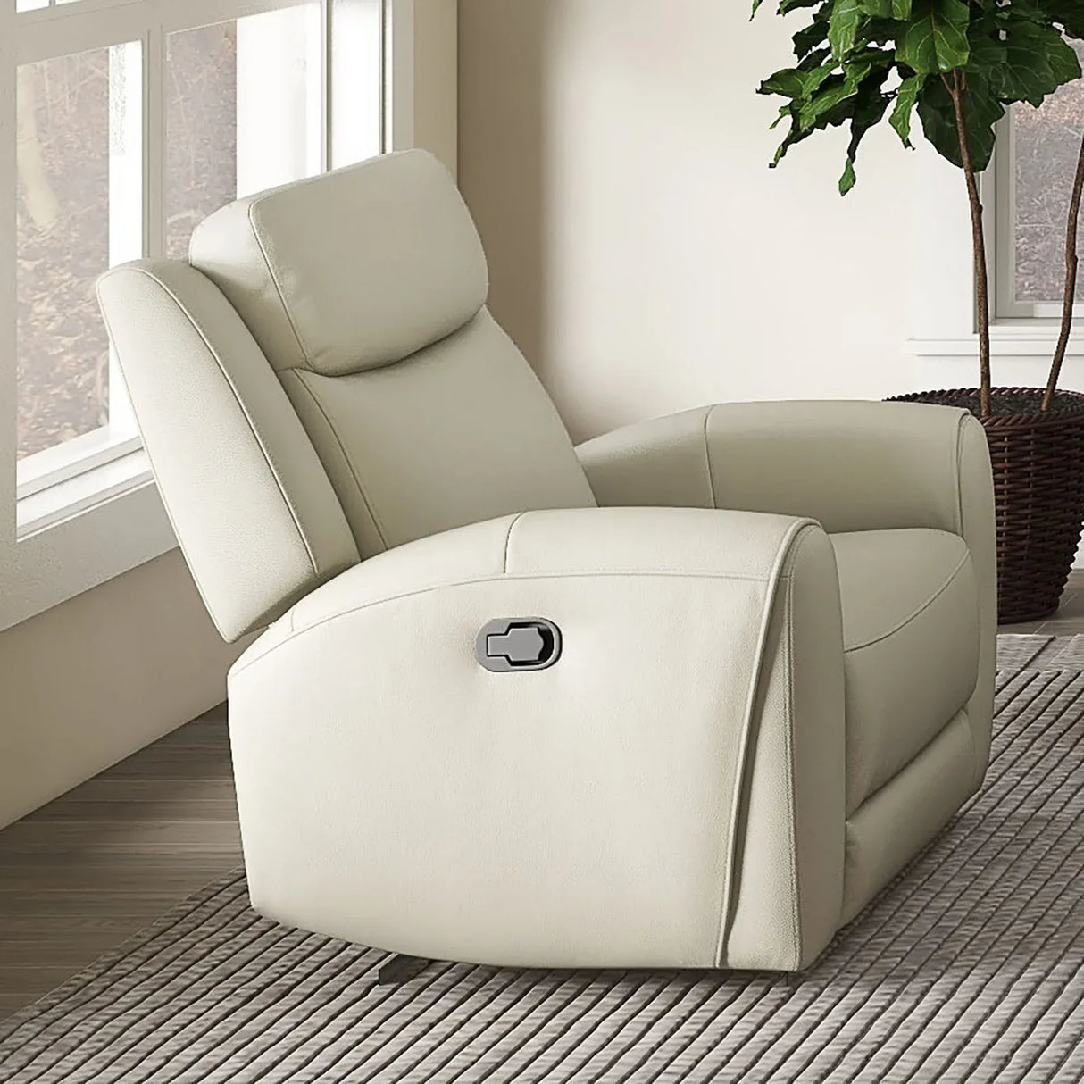 Transitional Beige Leather Manual Recliner With Wide Seat - Omega Lifestyles