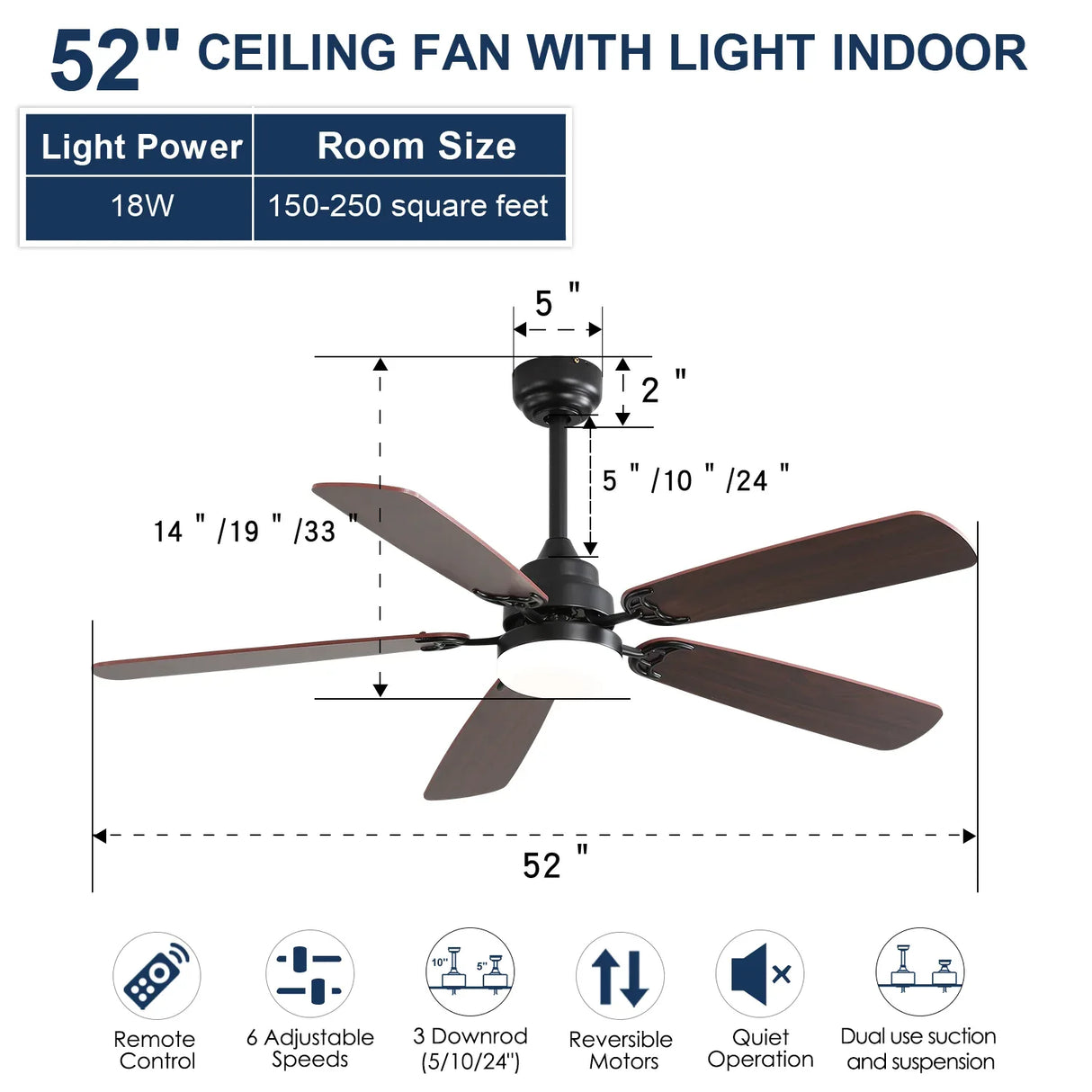 52-Inch Matte Black Reversible DC Motor Ceiling Fan With Light - Omega Lifestyles