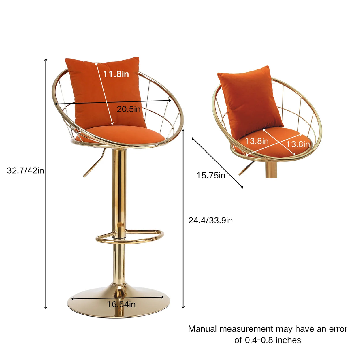 Set of 2 Orange Velvet Adjustable Height Bar Chairs - Omega Lifestyles