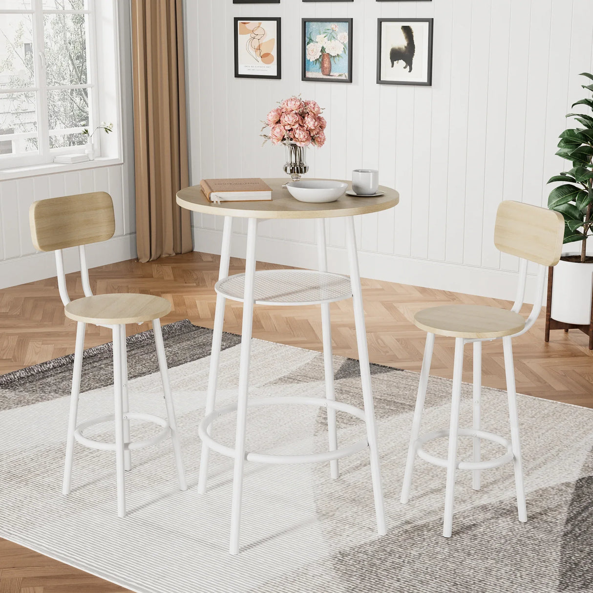3-Piece White Oak MDF Dining Table Set With Stools - Omega Lifestyles