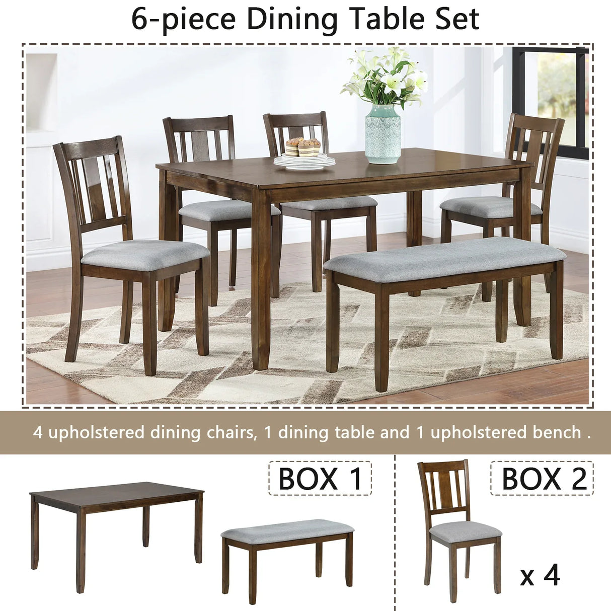 6-Piece Solid Wood Dining Table Set With Bench - Omega Lifestyles