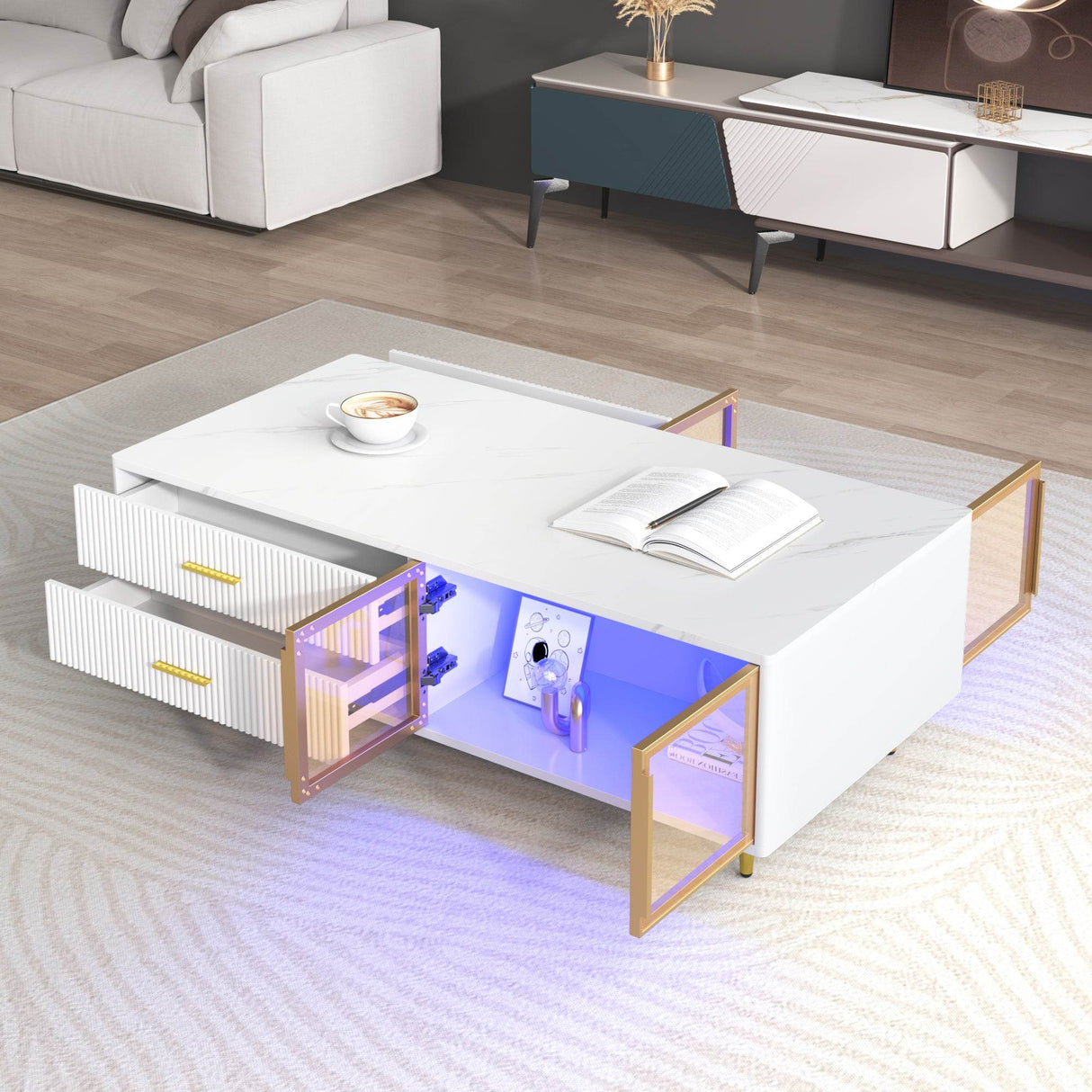 Modern White MDF Coffee Table With Storage Drawers And Lighting - Sleep Galleria