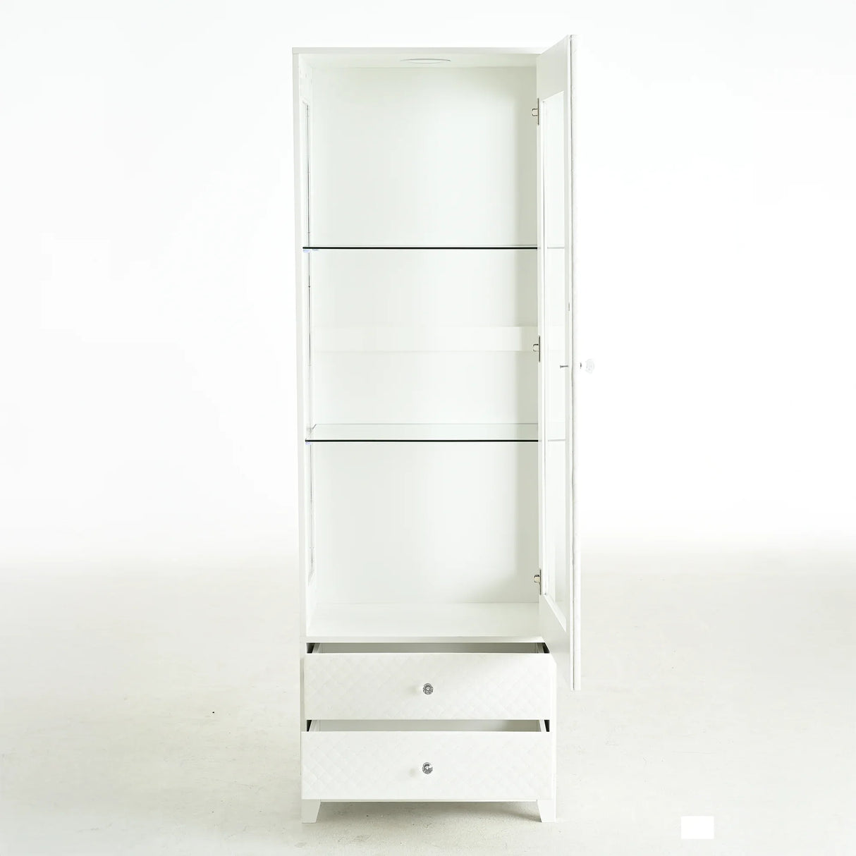 Modern Upholstered Glass Display Cabinet With Adjustable LED Light - Omega Lifestyles