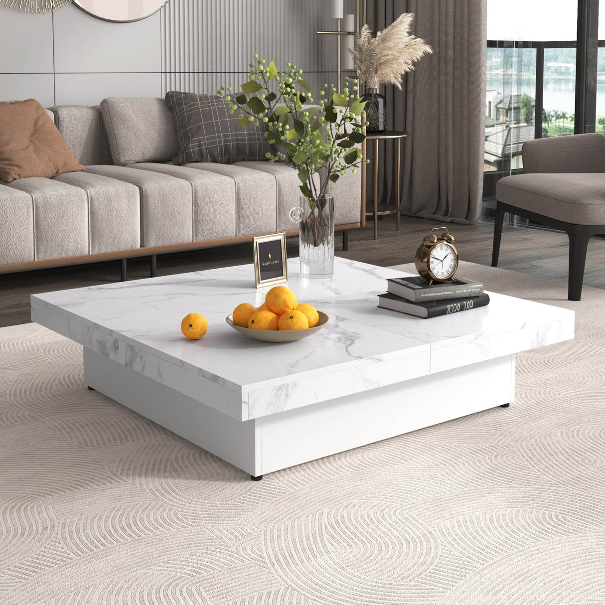 Square Marble Veneer Sliding Top Storage Coffee Table - Sleep Galleria