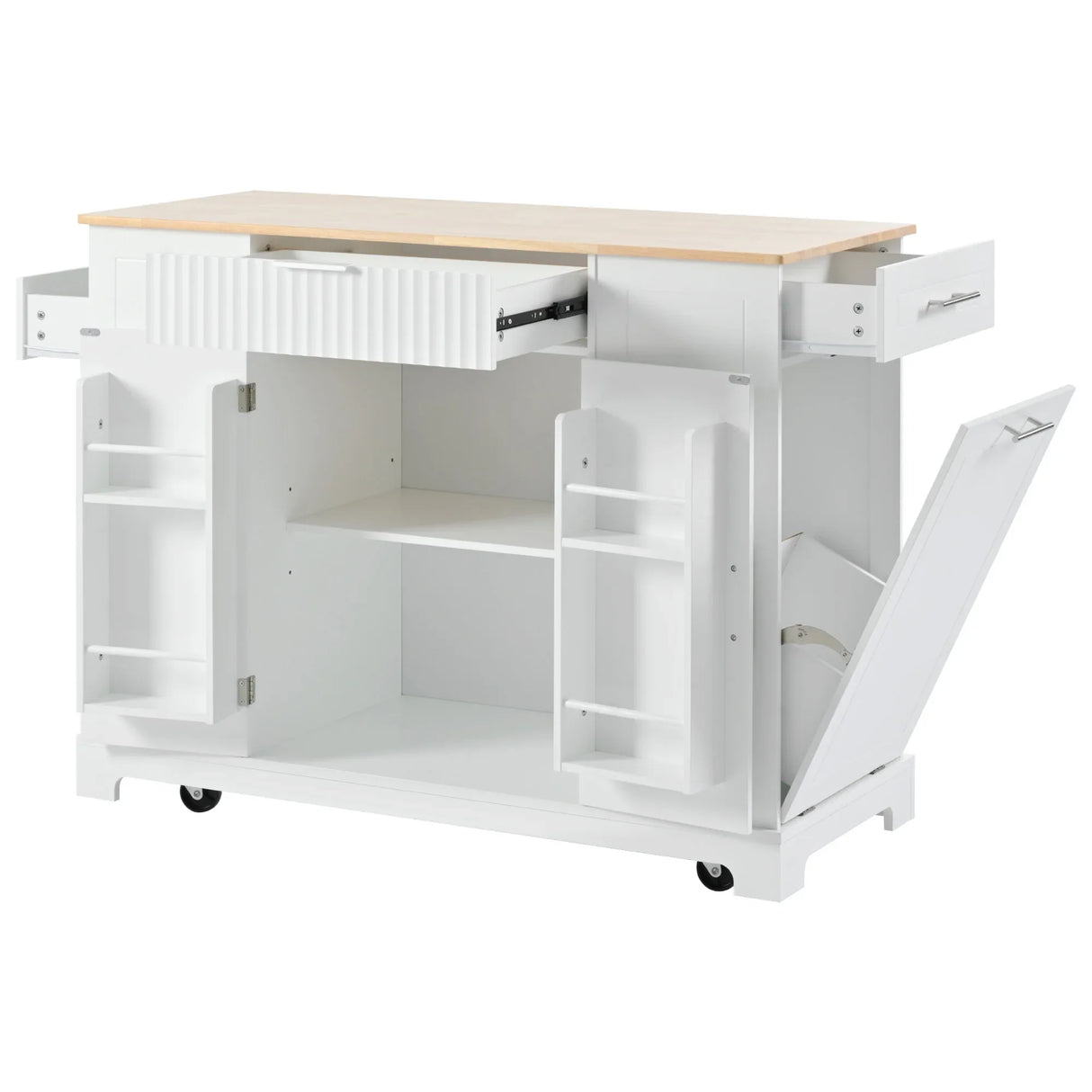 Fluted Rubber Wood Kitchen Island With Tilt-Out Trash Can - Omega Lifestyles