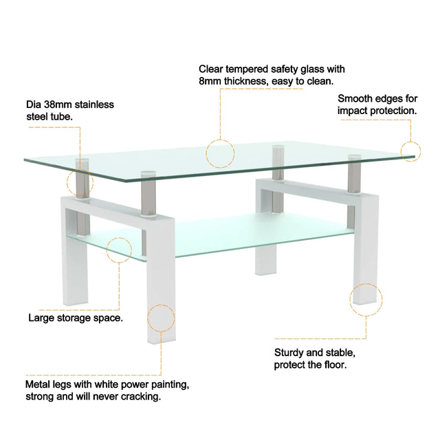 Modern Rectangle Glass Coffee Table With Double Storage - Omega Lifestyles