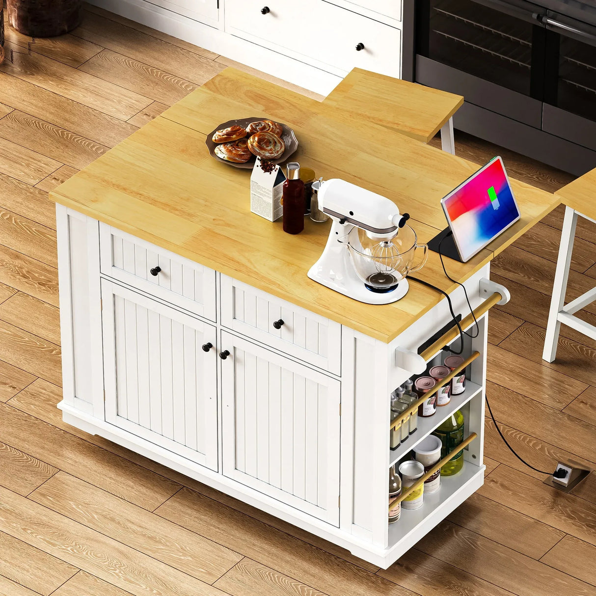 Rolling Kitchen Island Cart With Drop Leaf And Power Outlet - Omega Lifestyles