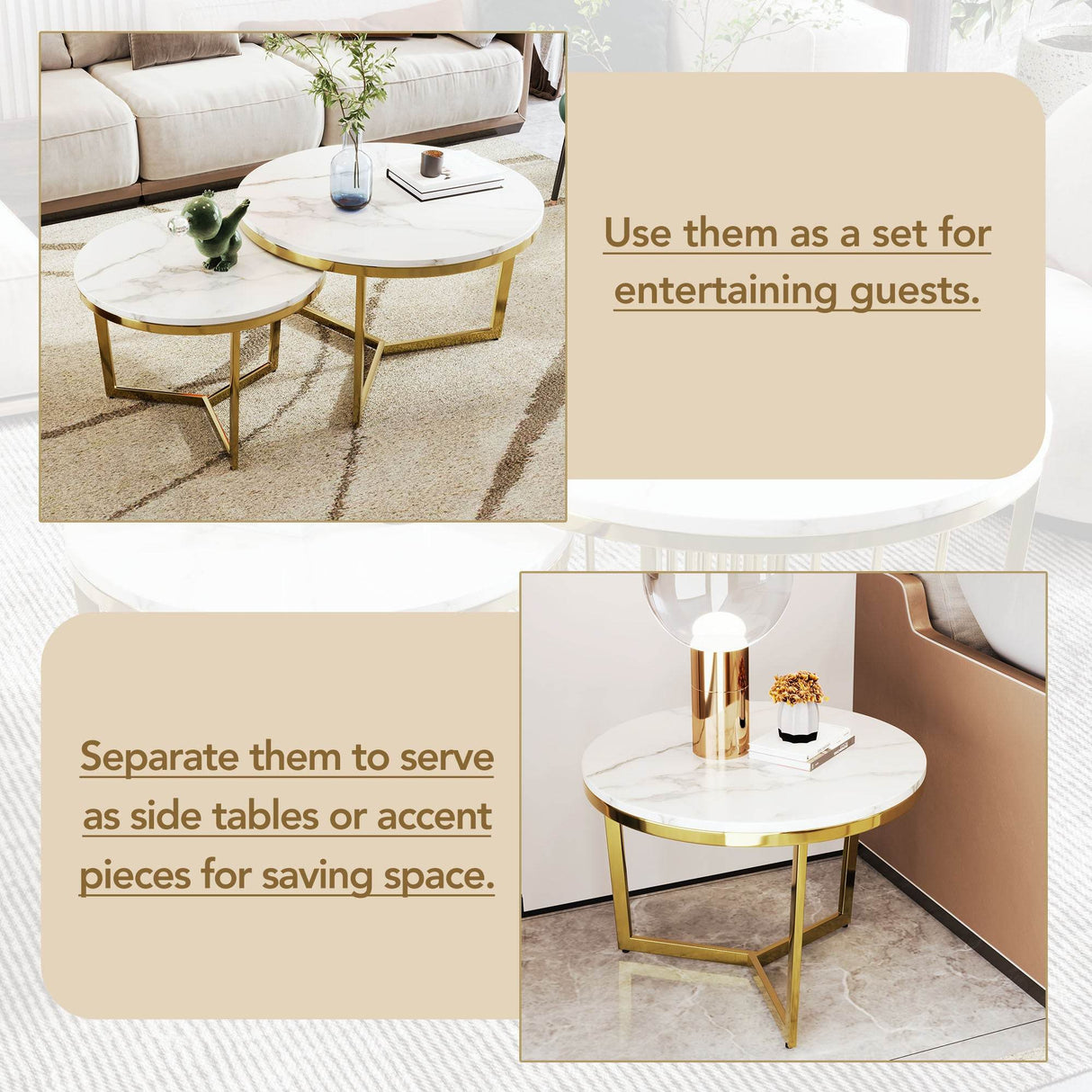 Modern Round Nesting 2-Piece White Marble Coffee Table Set - Sleep Galleria