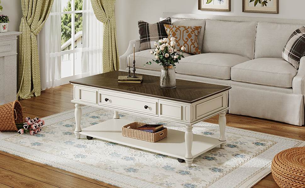 Mid-Century Farmhouse Coffee Table With Drawer Wheels - Sleep Galleria