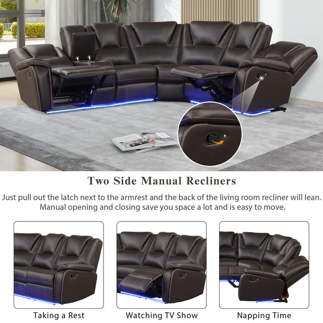 Modern Brown PU Leather Manual Reclining Sectional Sofa - Omega Lifestyles