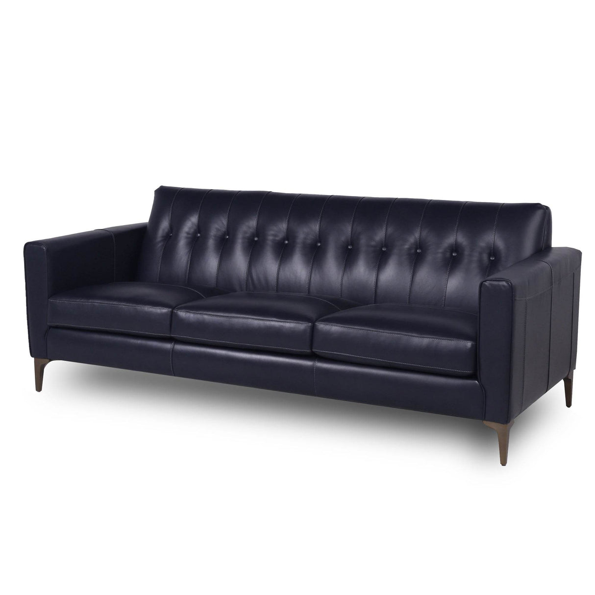 Mid-Century Tufted Navy Leather 3-Seat Sofa - Omega Lifestyles