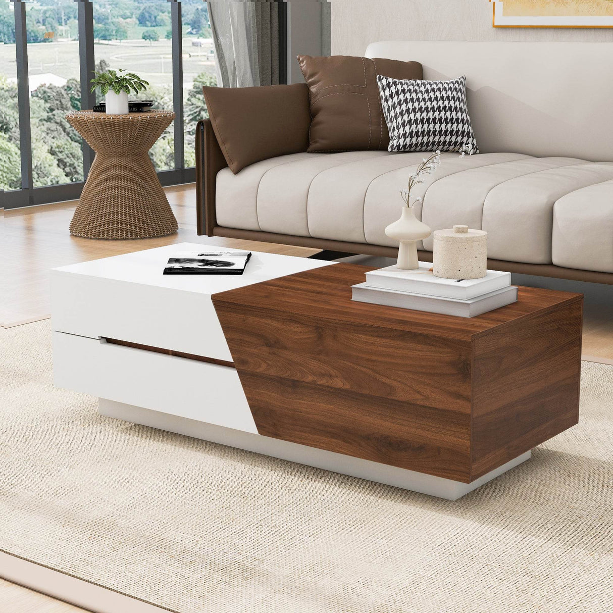 Modern Extendable Sliding Top White Walnut Coffee Table - Sleep Galleria