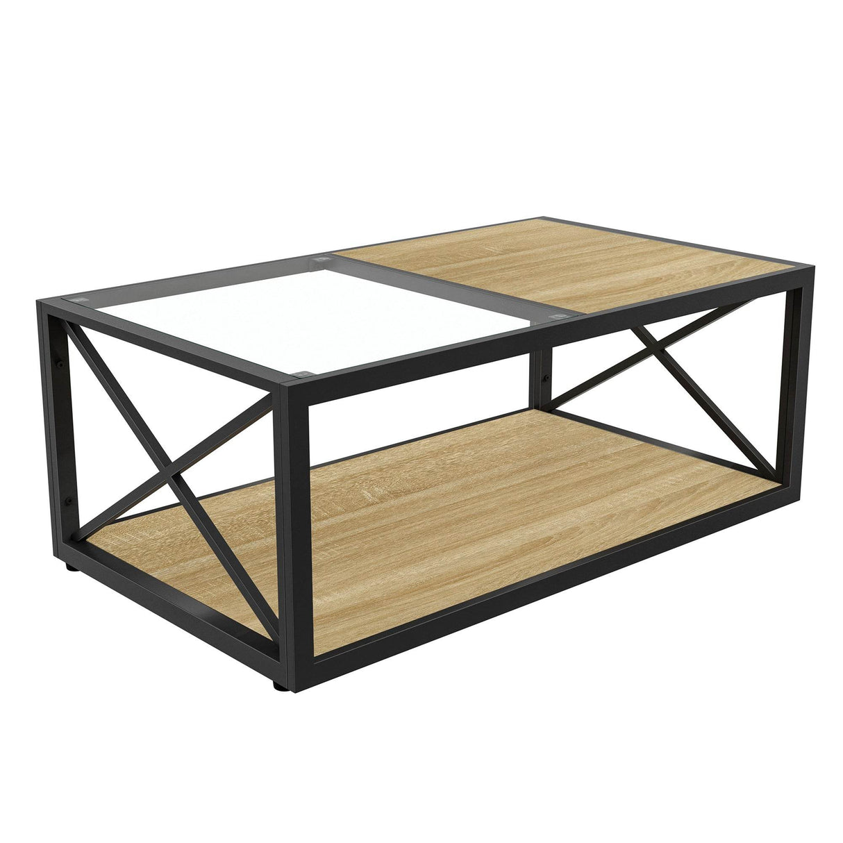 Industrial Glass And Natural Wood Modern Coffee Table - Sleep Galleria