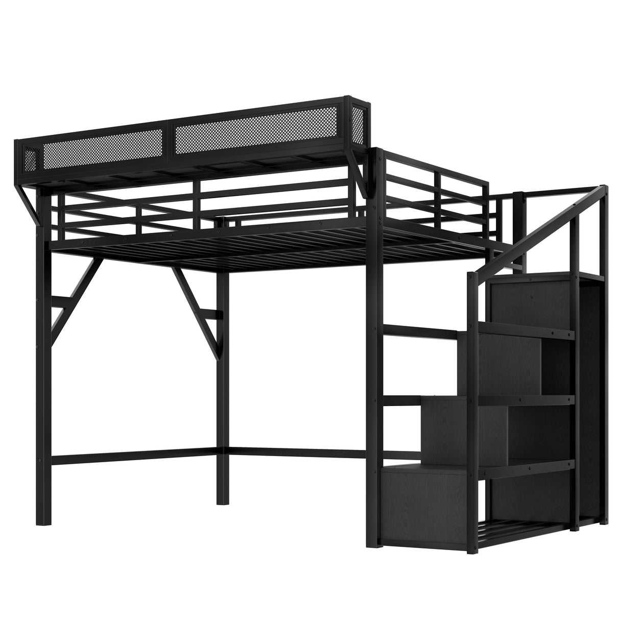 Queen Metal Loft Bed With Storage Stairs USB LED Lighting - Omega Lifestyles
