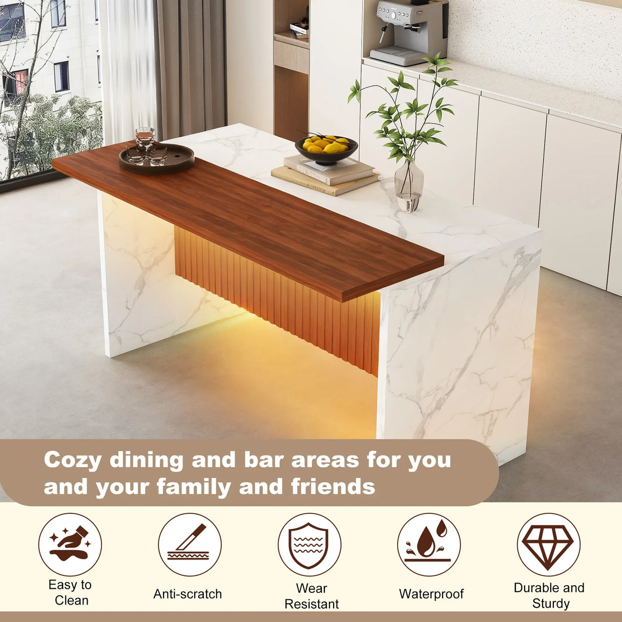 Modern Rectangular Kitchen Island With Marble Look LED Lighting - Omega Lifestyles