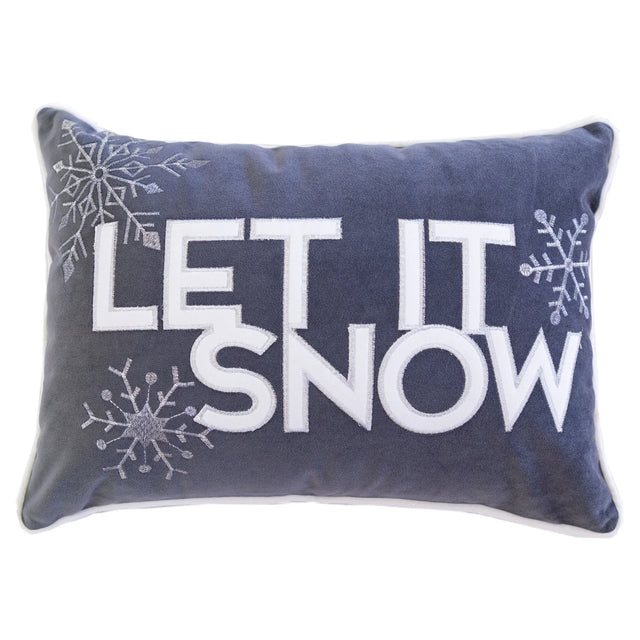 Gray Velvet Embroidered Let It Snow Lumbar Pillow 14x20 - Omega Lifestyles