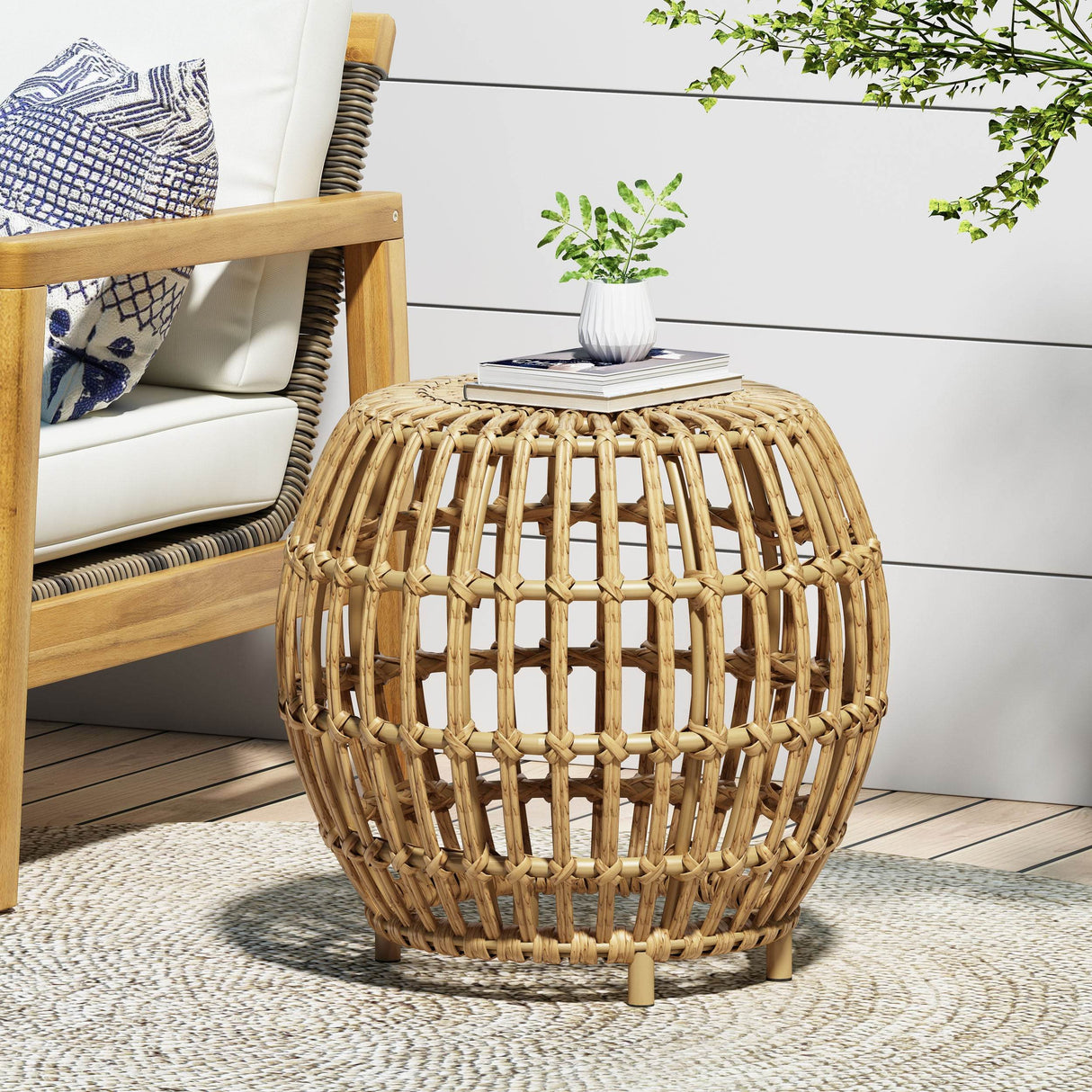 Boho Handcrafted PE Rattan Iron Side Table