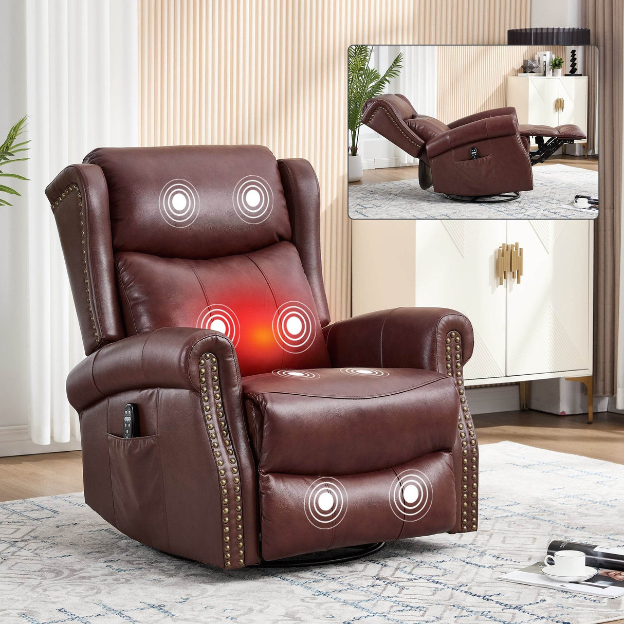 Medium-Firm Genuine Leather Massage Recliner Chair With Heat