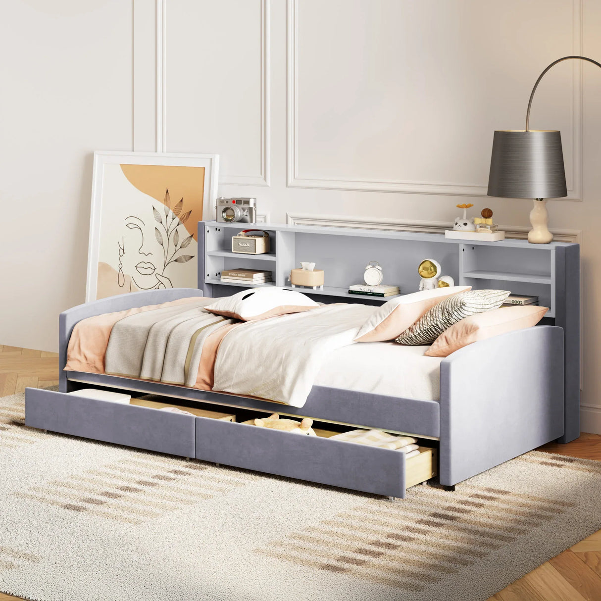 Twin Velvet Upholstered Platform Bed With Storage Drawers - Omega Lifestyles