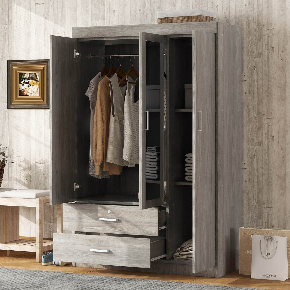 3-Door Mirror Wardrobe With Shelves And Drawers