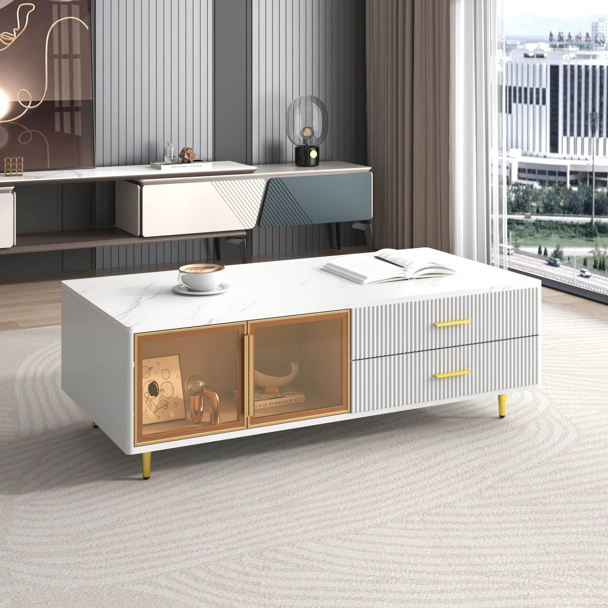 Modern White MDF Coffee Table With Storage Drawers And Lighting - Sleep Galleria