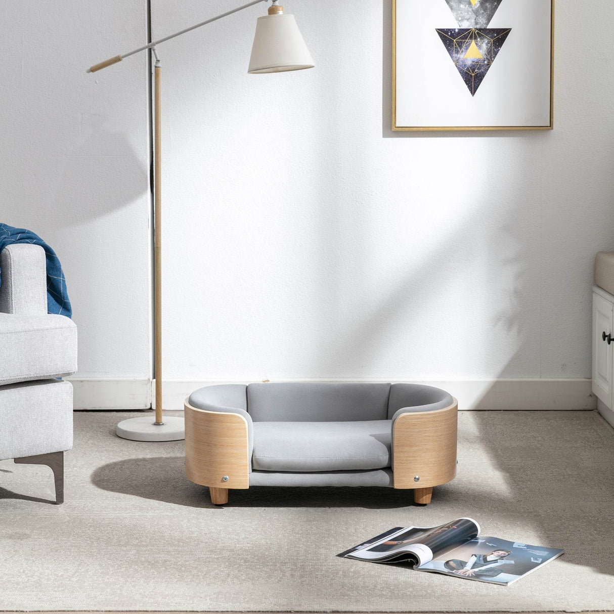 Scandinavian Style Solid Wood Elevated Pet Bed With Velvet Cushion - Sleep Galleria