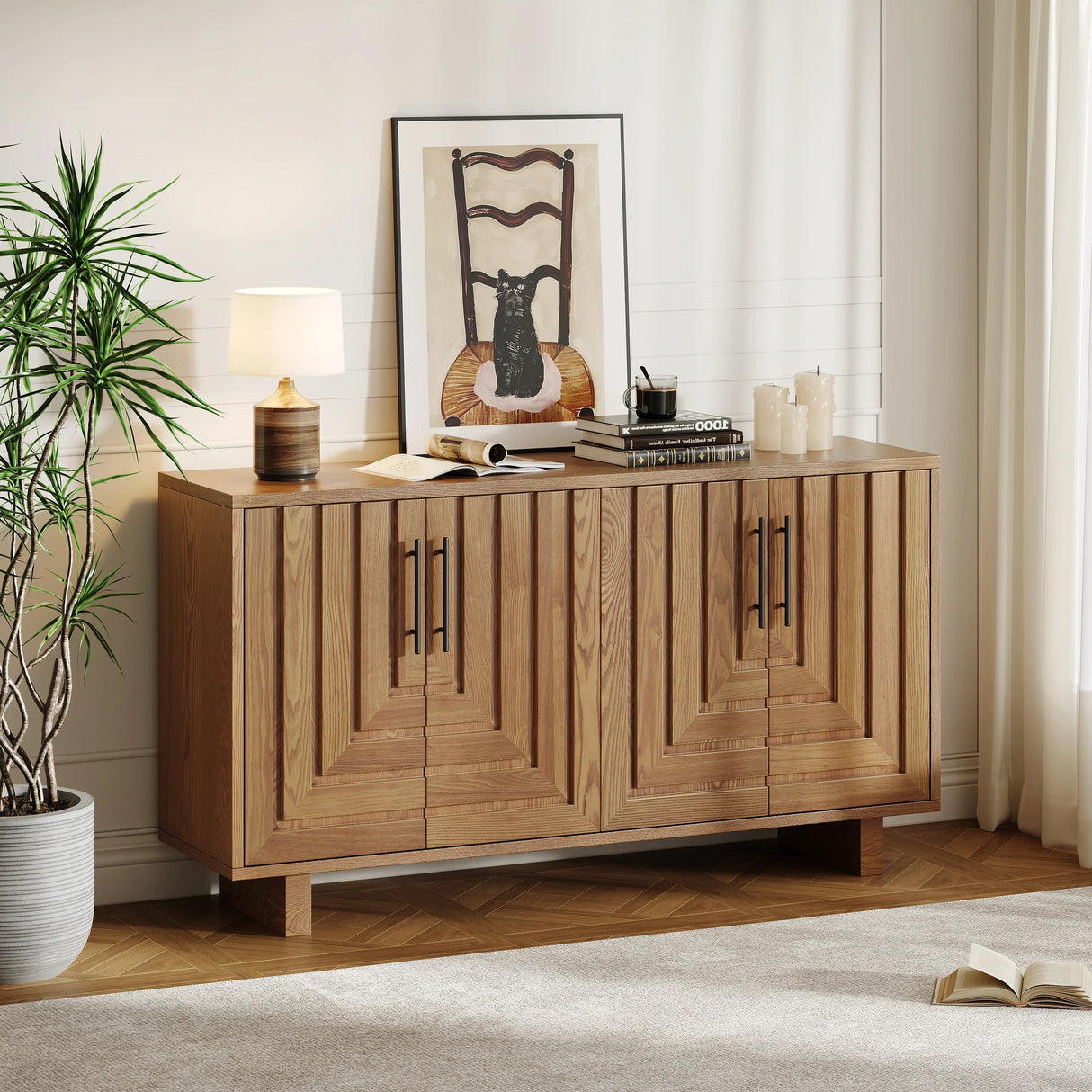 Modern Natural Finish MDF Metal 4-Door Sideboard Cabinet - Omega Lifestyles
