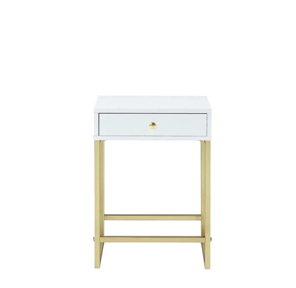 White Brass Finish Metal Accent Table With Drawer - Omega Lifestyles
