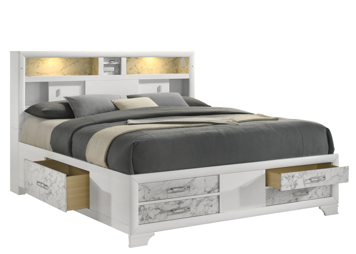 Modern White Acacia Wood Full Bed Frame With Storage - Omega Lifestyles