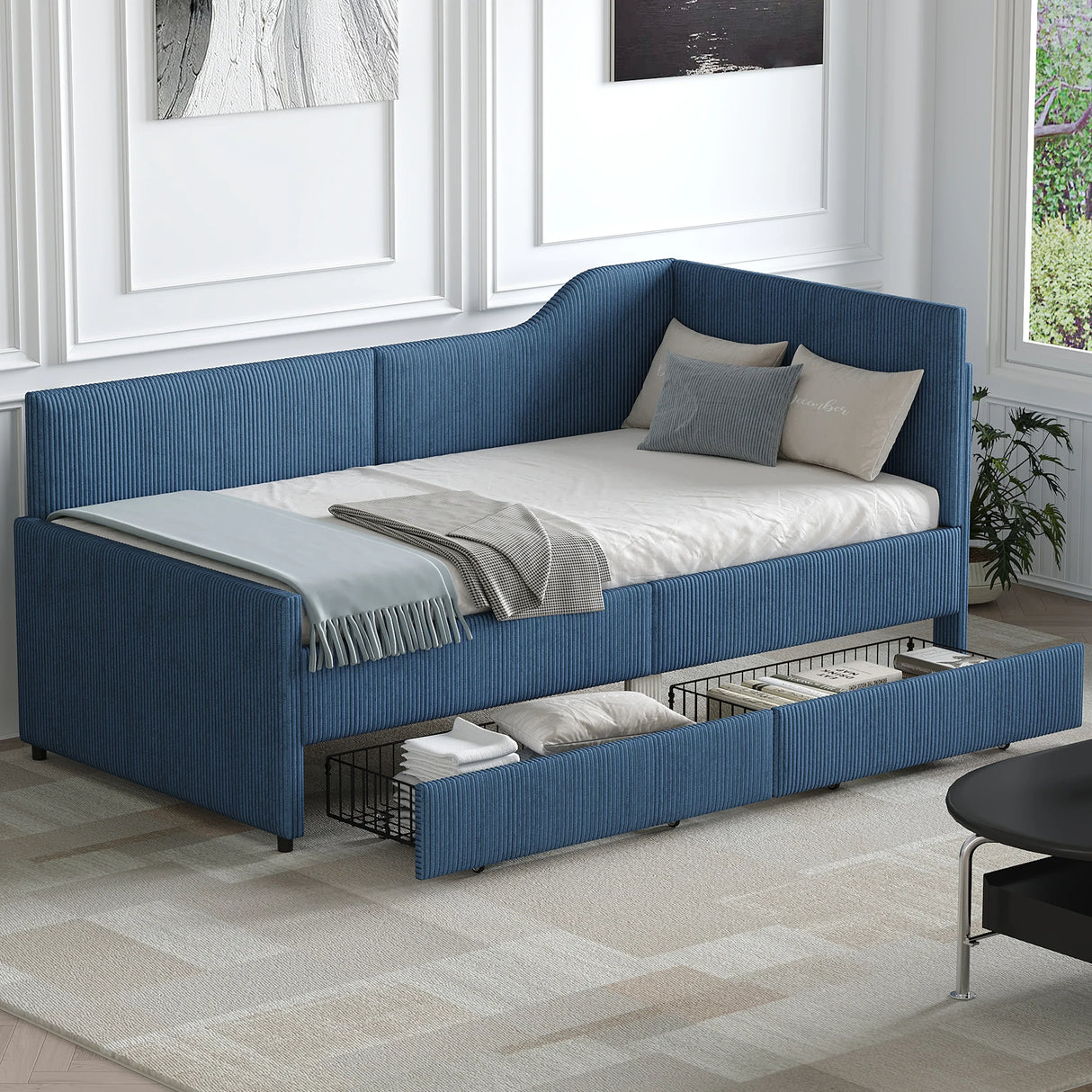 Twin L-Shaped Upholstered Corduroy Daybed With Drawers - Omega Lifestyles
