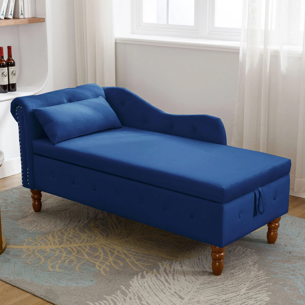 Navy Blue Velvet Classic Chesterfield Storage Chaise Lounge - Omega Lifestyles