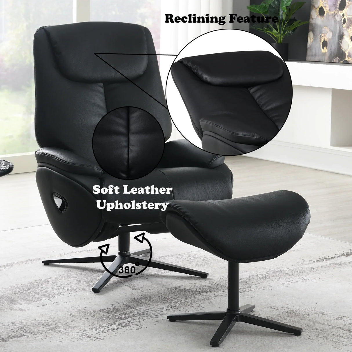 Black Top Grain Leather Swivel Accent Chair With Ottoman - Omega Lifestyles